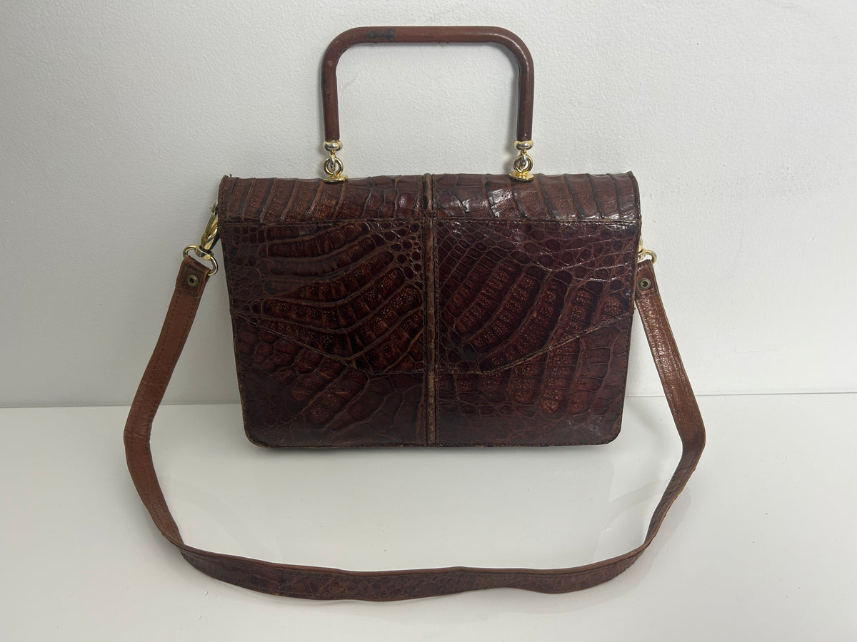 Vintage Late 1960s Early 1970s Brown Mock Croc Leather Handbag Or Shoulder Strap