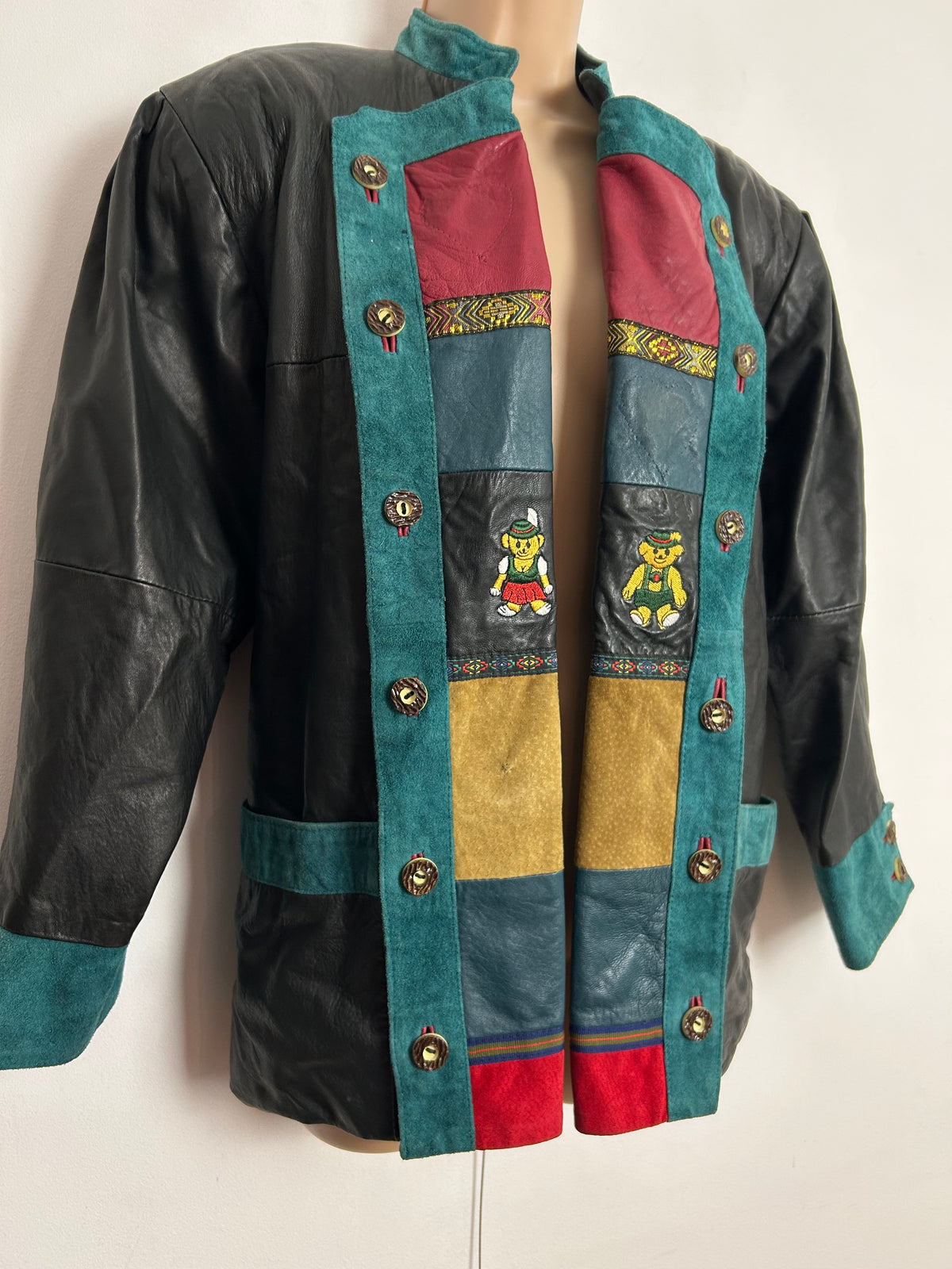 Vintage 1980s Up To Size 14 Black Teal & Red Supple Leather & Suede Open Fronted Austrian Leather Jacket