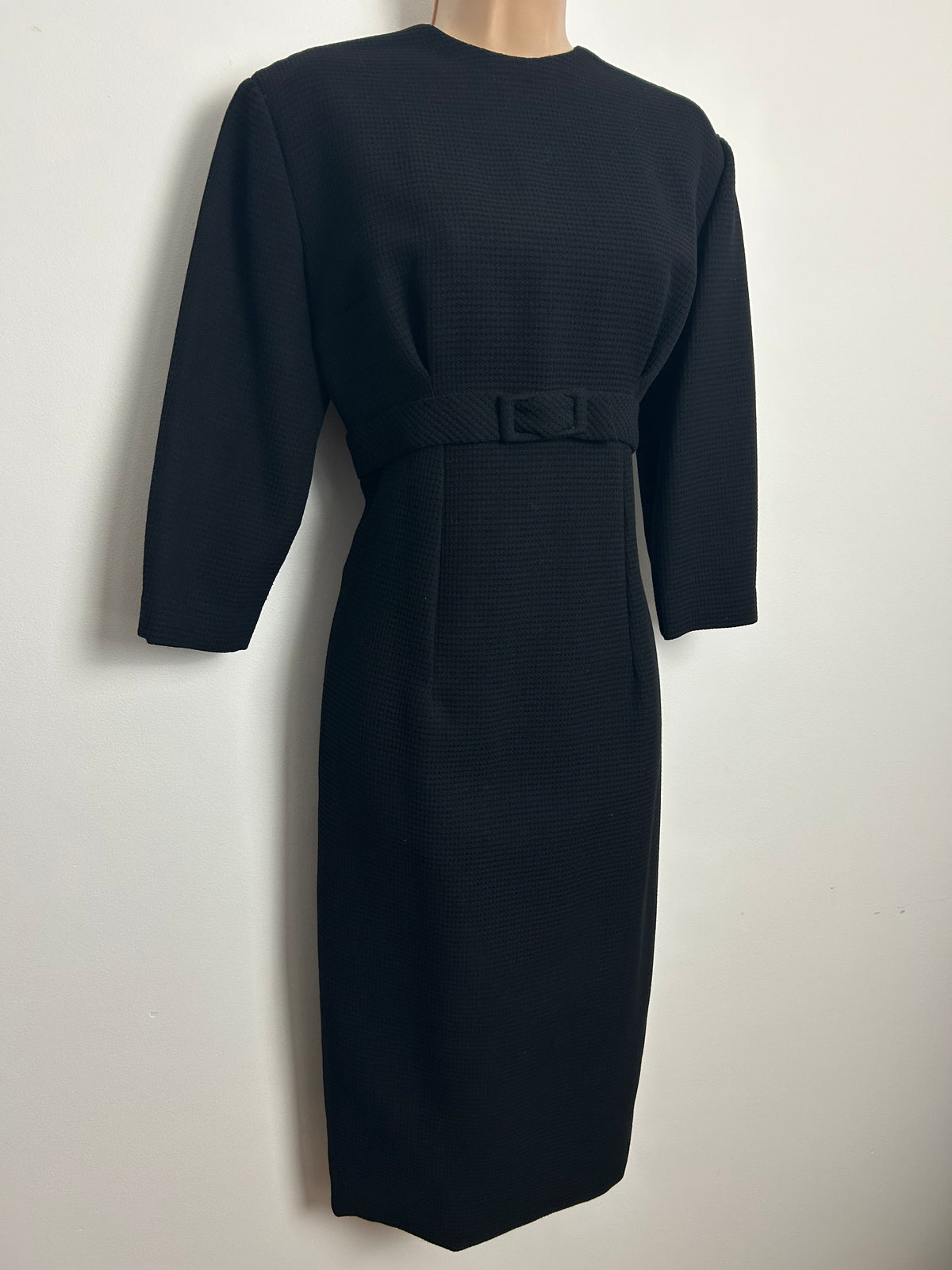 Vintage 1960s Size 10 Black Waffle Texture 3/4 Sleeve Buckle Detail Wiggle Dress