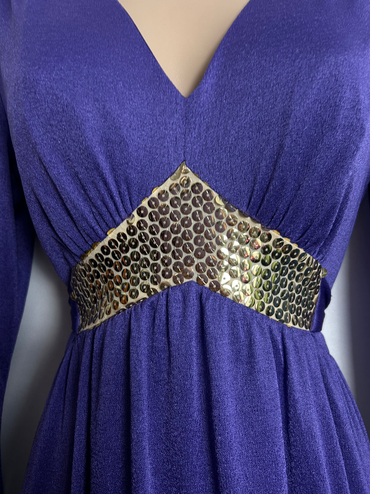 Vintage 1970s UK Size 8-10 Purple & Gold Sequin Trim Long Sleeve Tie Back Evening Maxi Dress
