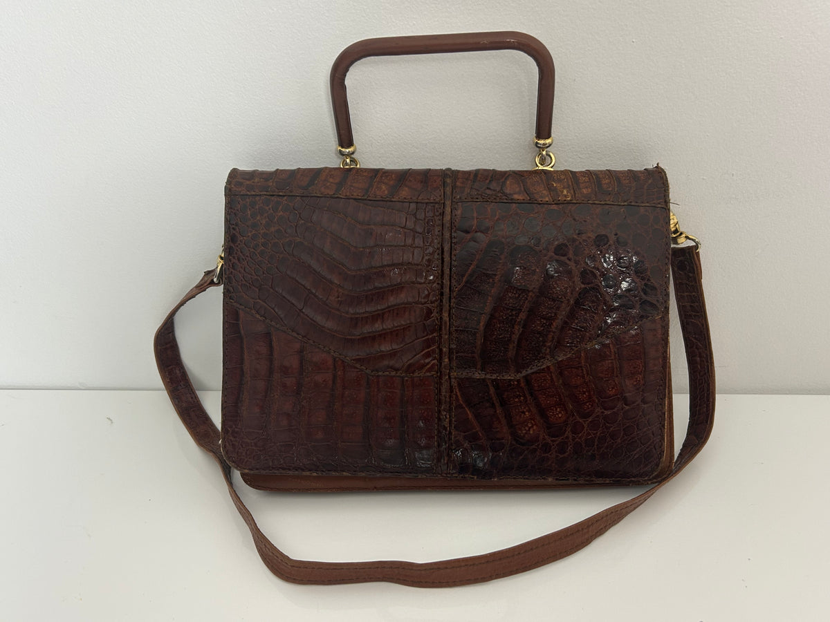 Vintage 1970s Brown Crocodile Skin Leather Handbag With Detachable Shoulder Strap