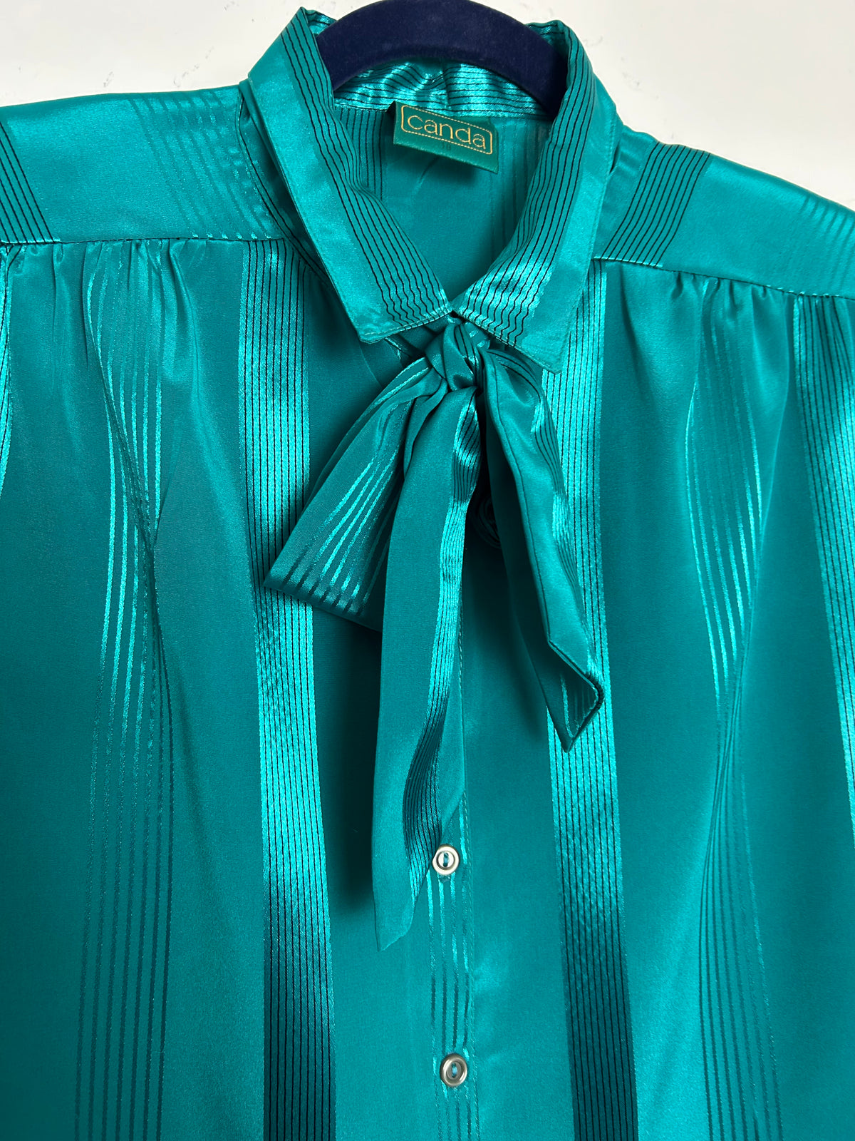 Vintage 1980s CANDA Size 16 Jade Green Pussy Bow Secretary Blouse