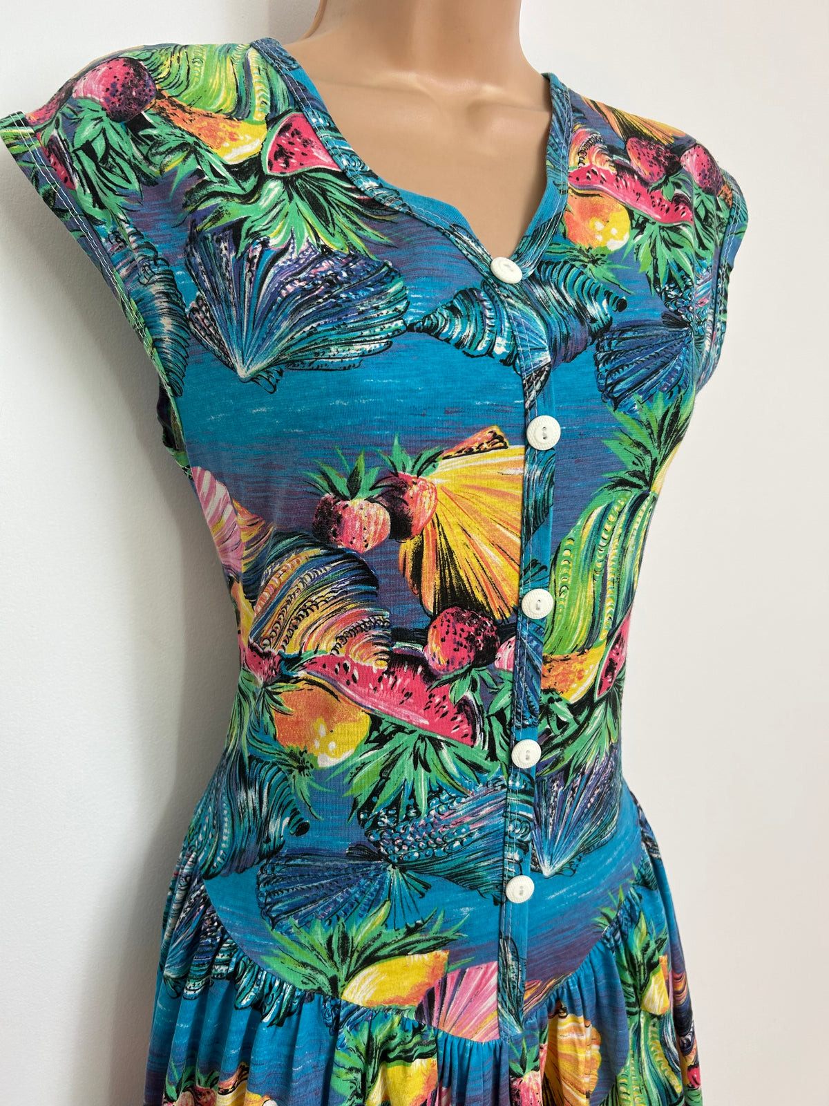 Vintage 1980s Size 8 Underwater Sea Shell & Fruit Novelty Print Cotton Day Dress