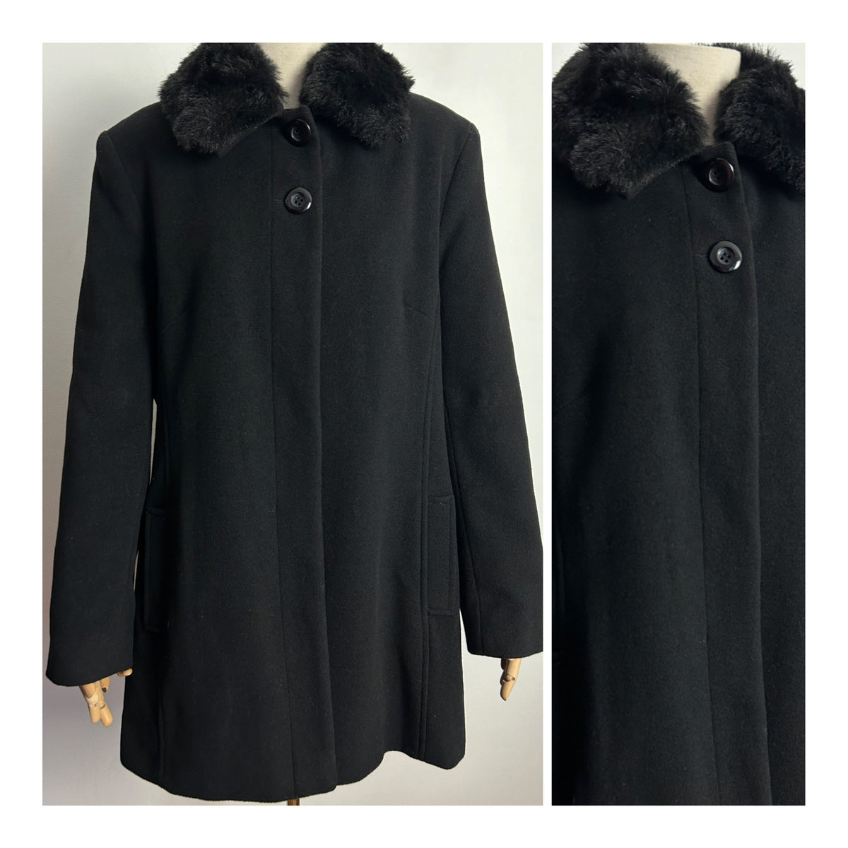 Vintage DAVID BARRY UK Size 14 Black Wool & Cashmere Faux Fur Collar (Detachable) Coat