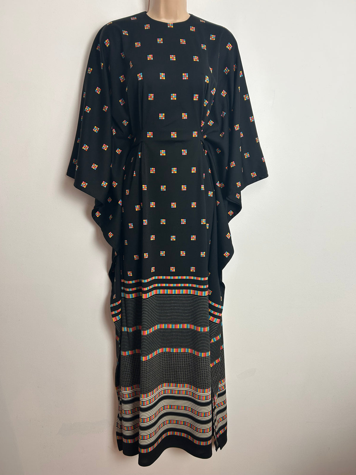 Vintage 1970s Up To Size 14 Black Multicolour Check Square Print Wide Sleeve Belted Kaftan Maxi Dress