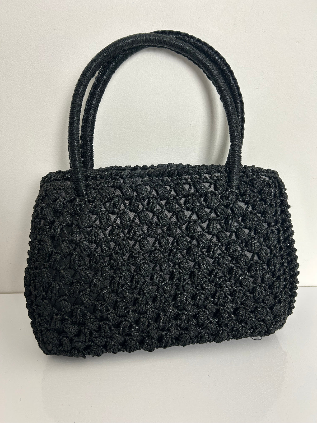 Vintage 1960s Gorgeous Black Crochet Woven Style Top Handle Kelly Style Handbag