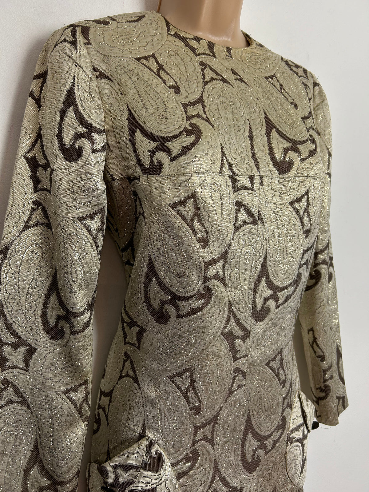 Vintage 1960s GLADYS PARIS UK Size 8 Metallic Gold & Brown Paisley Print Mini Mod Party Shift Dress or Tunic