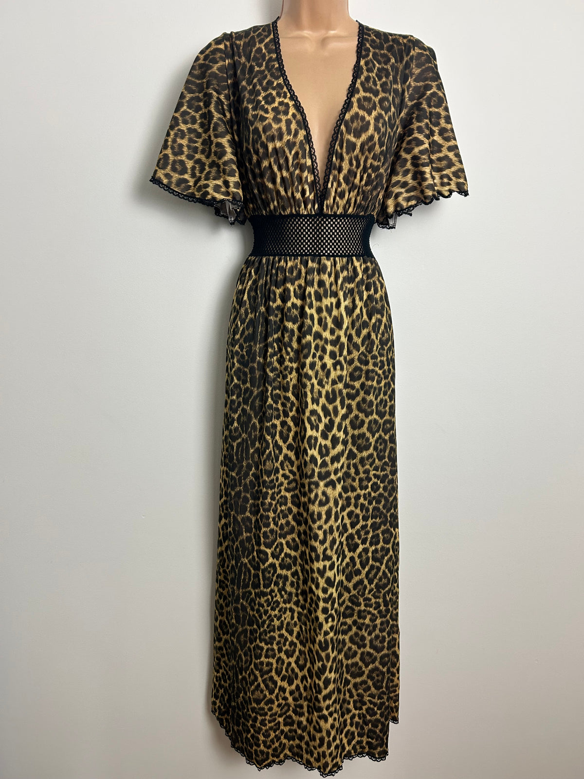 Vintage Late 1970s EUROBELLE Size 8-10 Leopard Print Flutter Sleeve Mesh Waist Panel Maxi Dress