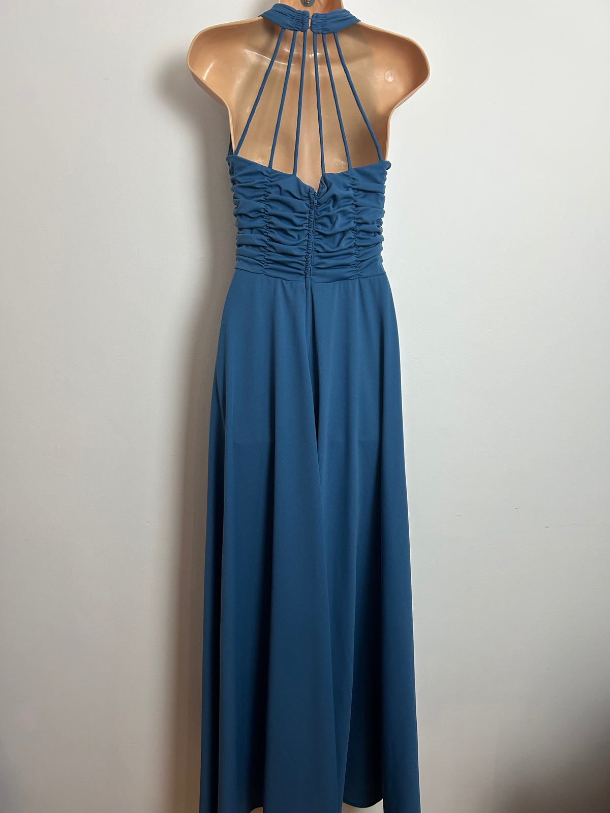 Vintage 1970s Size 6 Dusky Blue Strappy Cage Back Evening Occasion Maxi Dress