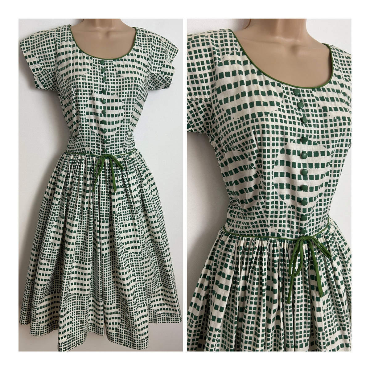 Vintage 1950s CALIFORNIA COTTONS Size 6 White & Green Check Print Bow Detail Gather Pleated Dress