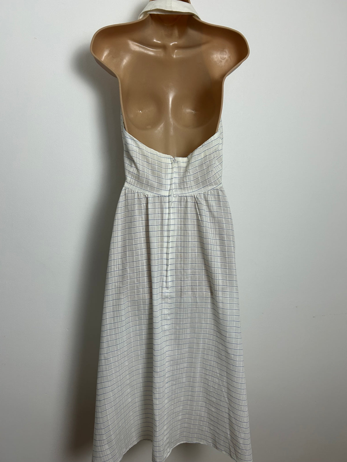 Vintage 1980s Size 8-10 White & Blue Stripe Halterneck Cotton Mix Summer Midi Dress