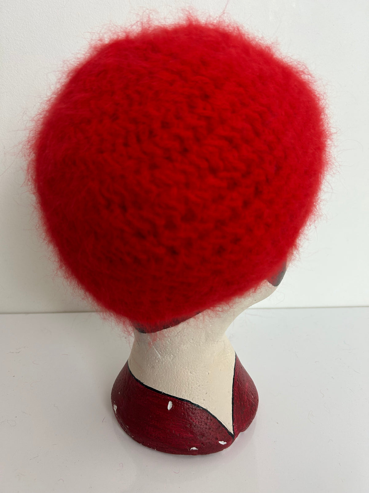 Vintage Red Wool & Angora Chunk Open Stitch Reversible Beanie Beret Style Hat