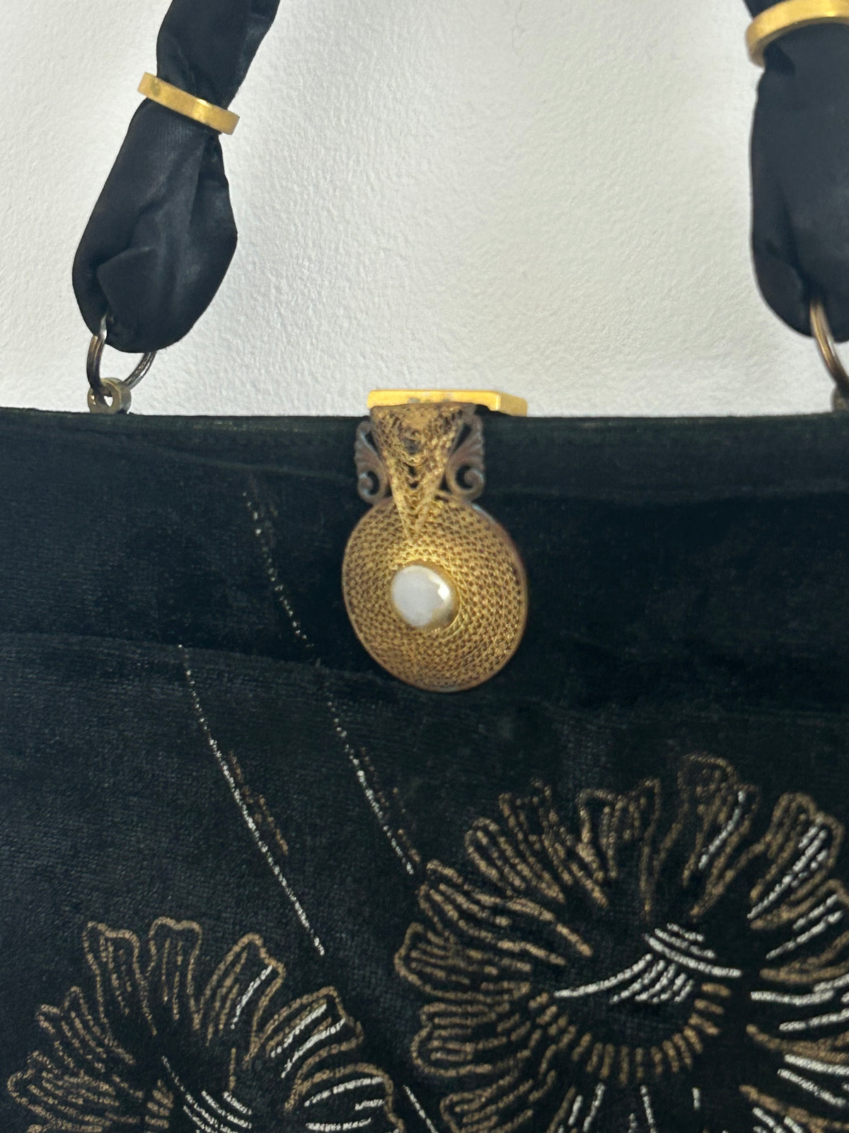 Vintage Early 1950s WALDYBAG Black Velvet Hand Painted Silver & Gold Floral Pattern Cocktail Handbag