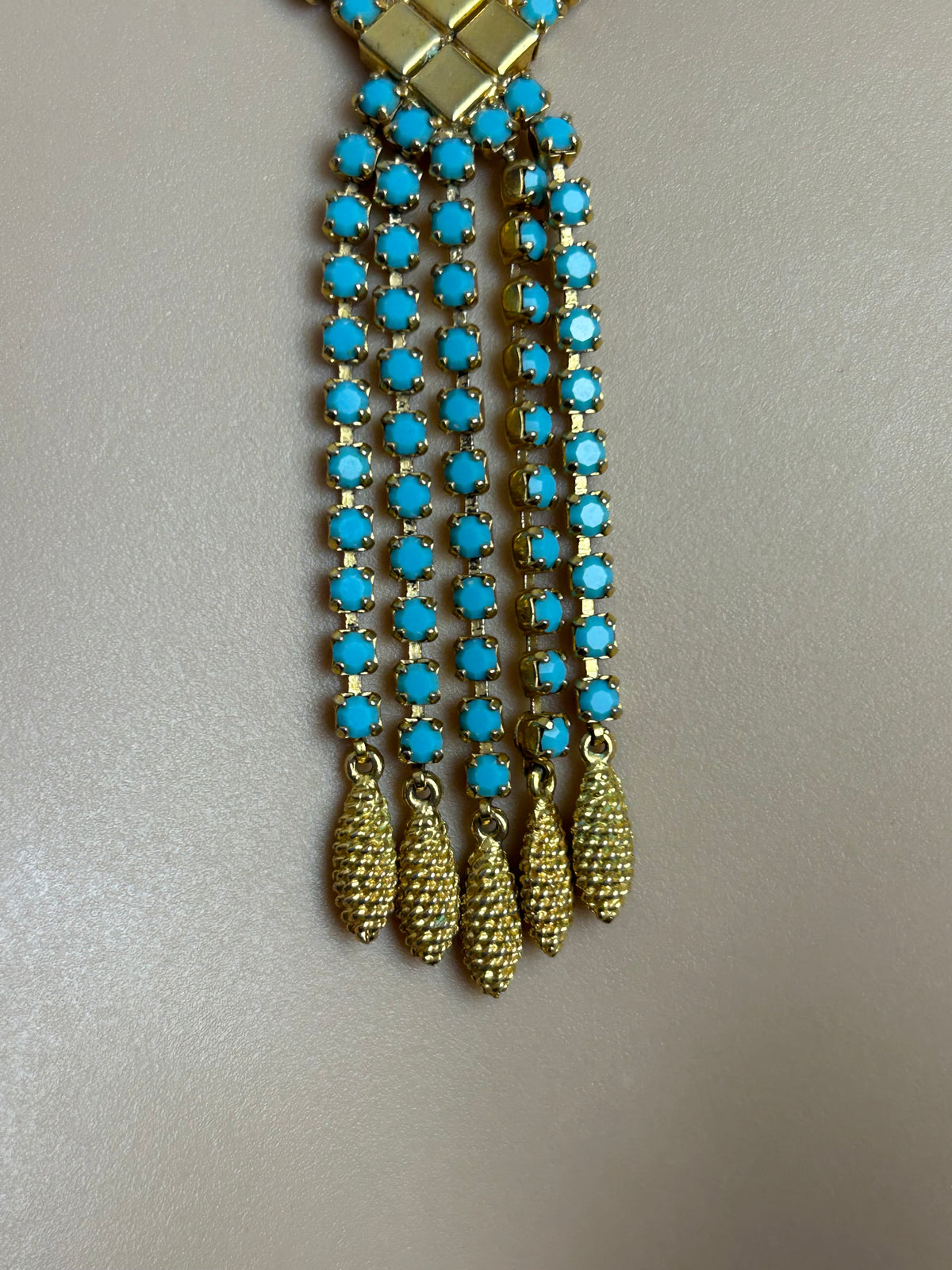 Vintage 1960s Beautiful Gold Tone Turquoise Bead Five Strand Necklace