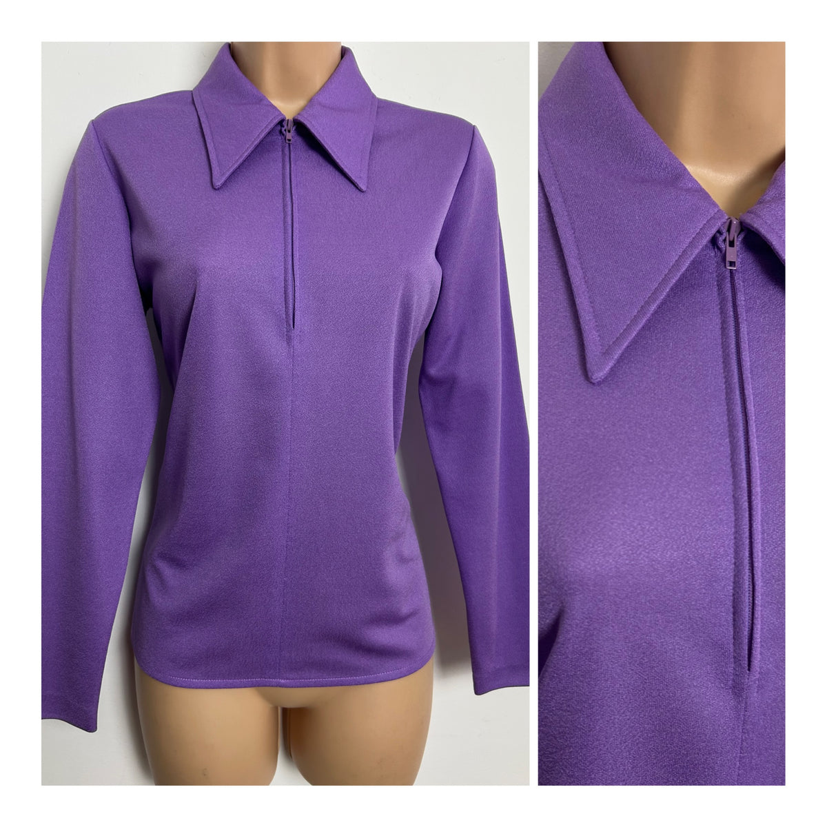 Vintage 1970s ST MICHAEL Size 10-12 Lilac Zip Front Long Sleeve Shirt