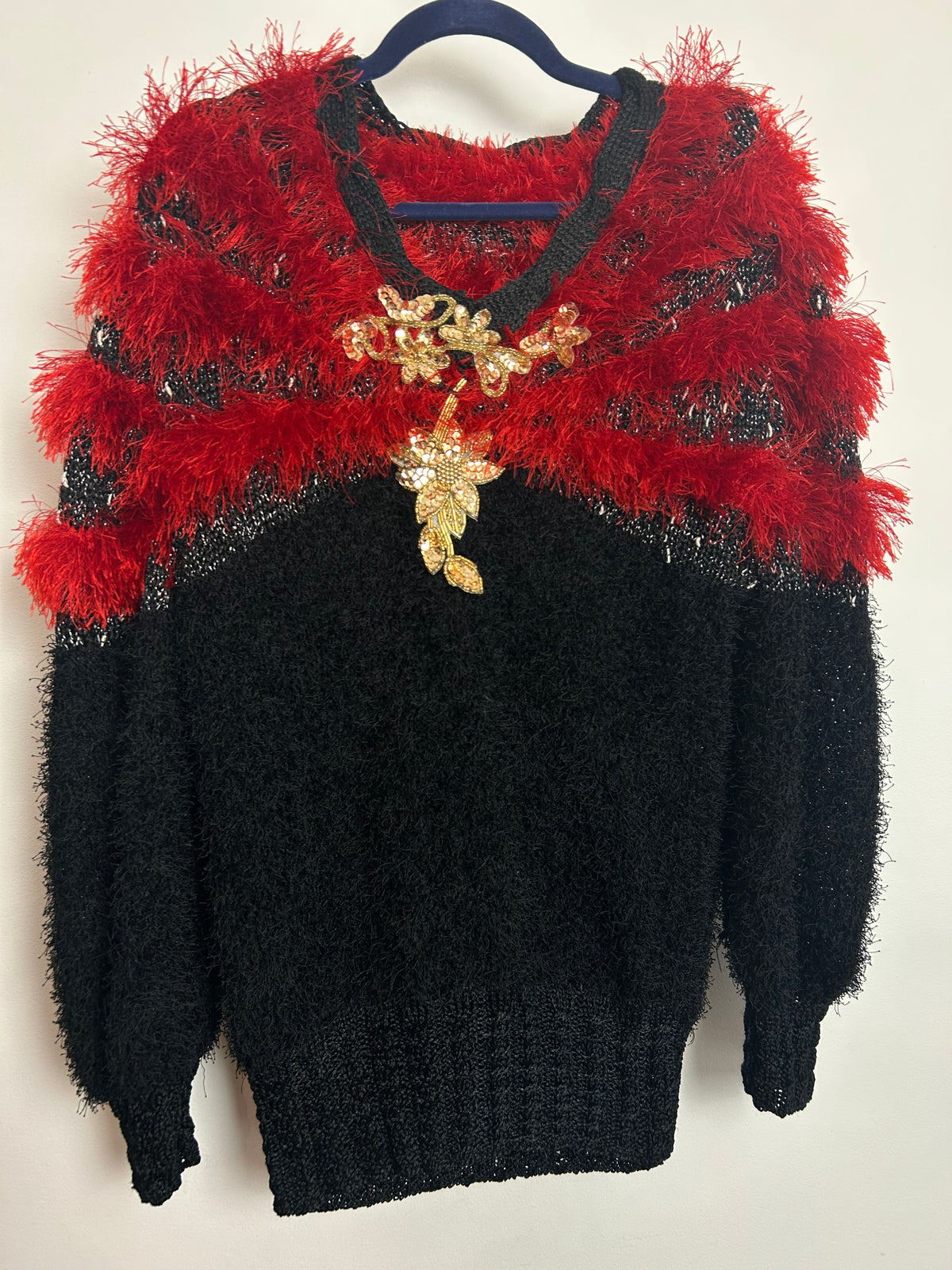 Vintage 1980s Size 10 Red & Black Sequin Applique Detail Fuzzy Fluffy Extreme Jumper