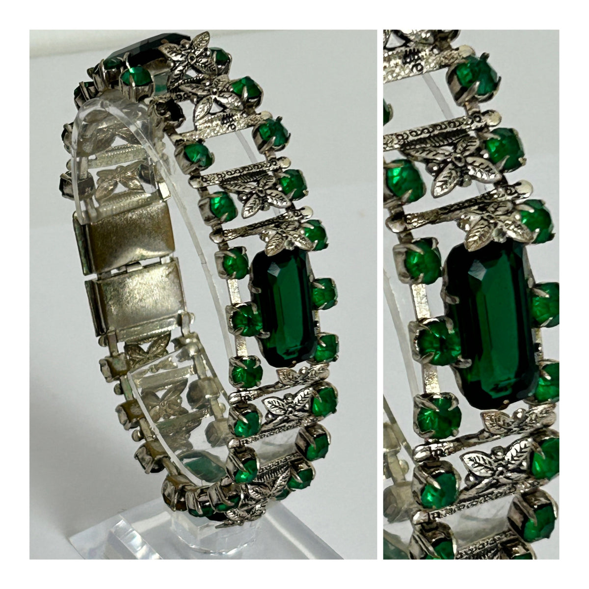 Vintage 1960s Silver Tone Flower Detail Green Glass Stone Panelled Link Bracelet