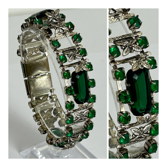 Vintage 1960s Silver Tone Flower Detail Green Glass Stone Panelled Link Bracelet
