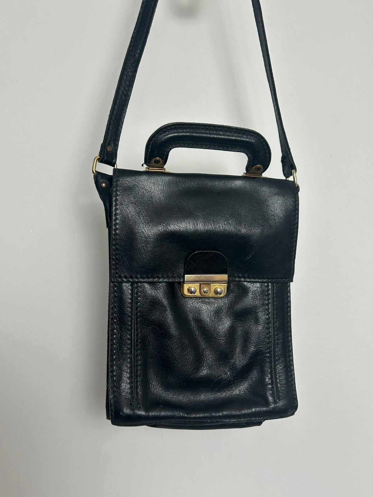 Vintage 1970s Black Leather Satchel Style Shoulder Bag