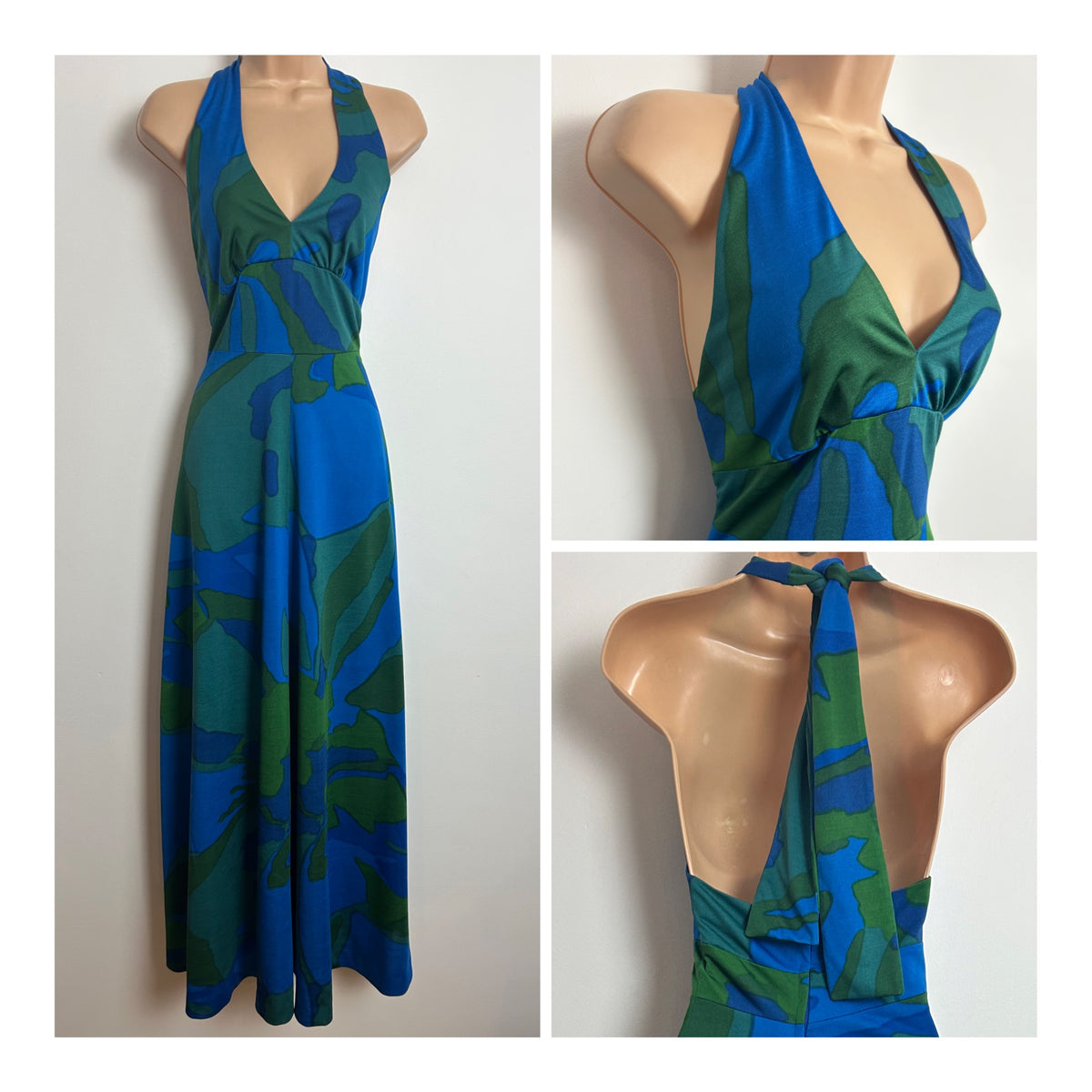 Vintage 1970s Size 6 BERNAT KELIN Blue & Green Abstract Print Halter Maxi Dress (Unlabelled)