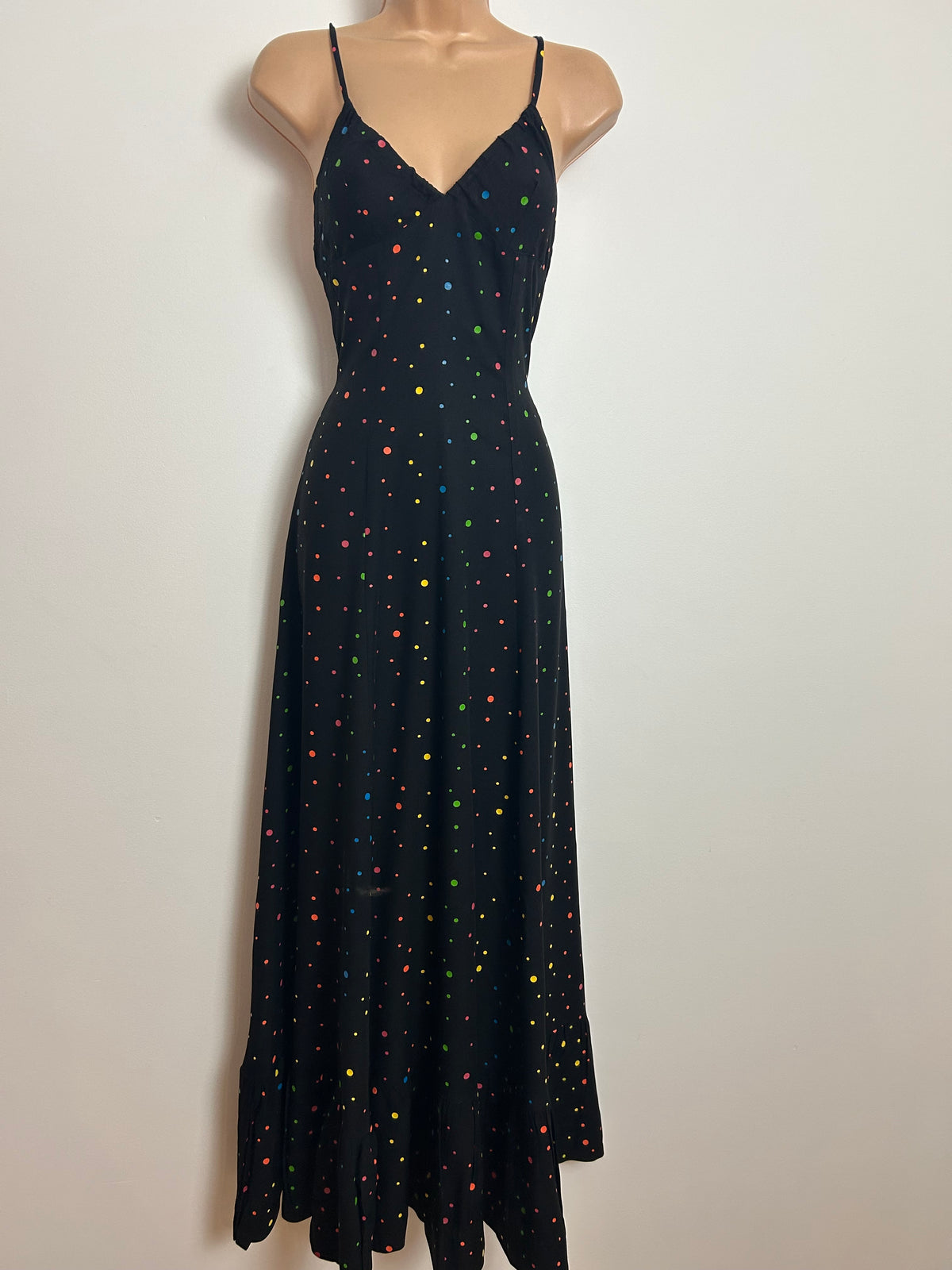 Vintage 1970s DOMINO-D Size 6-8 Black & Multicolour Spot Print Halterneck Maxi Dress