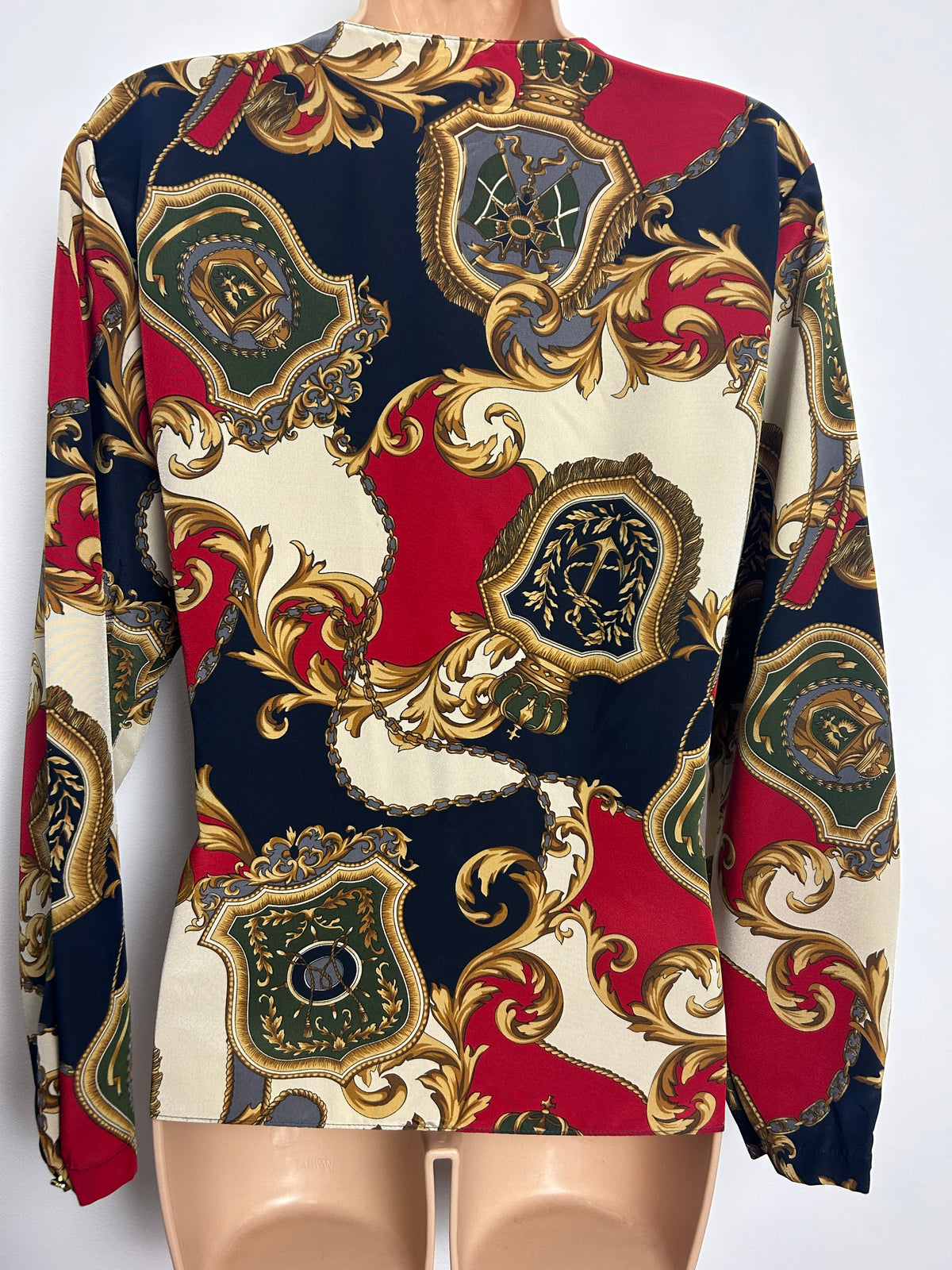 Vintage 1980s Size 12-14 Red Navy Blue Green & Gold Regal Regalia Print Long Sleeve Blouse