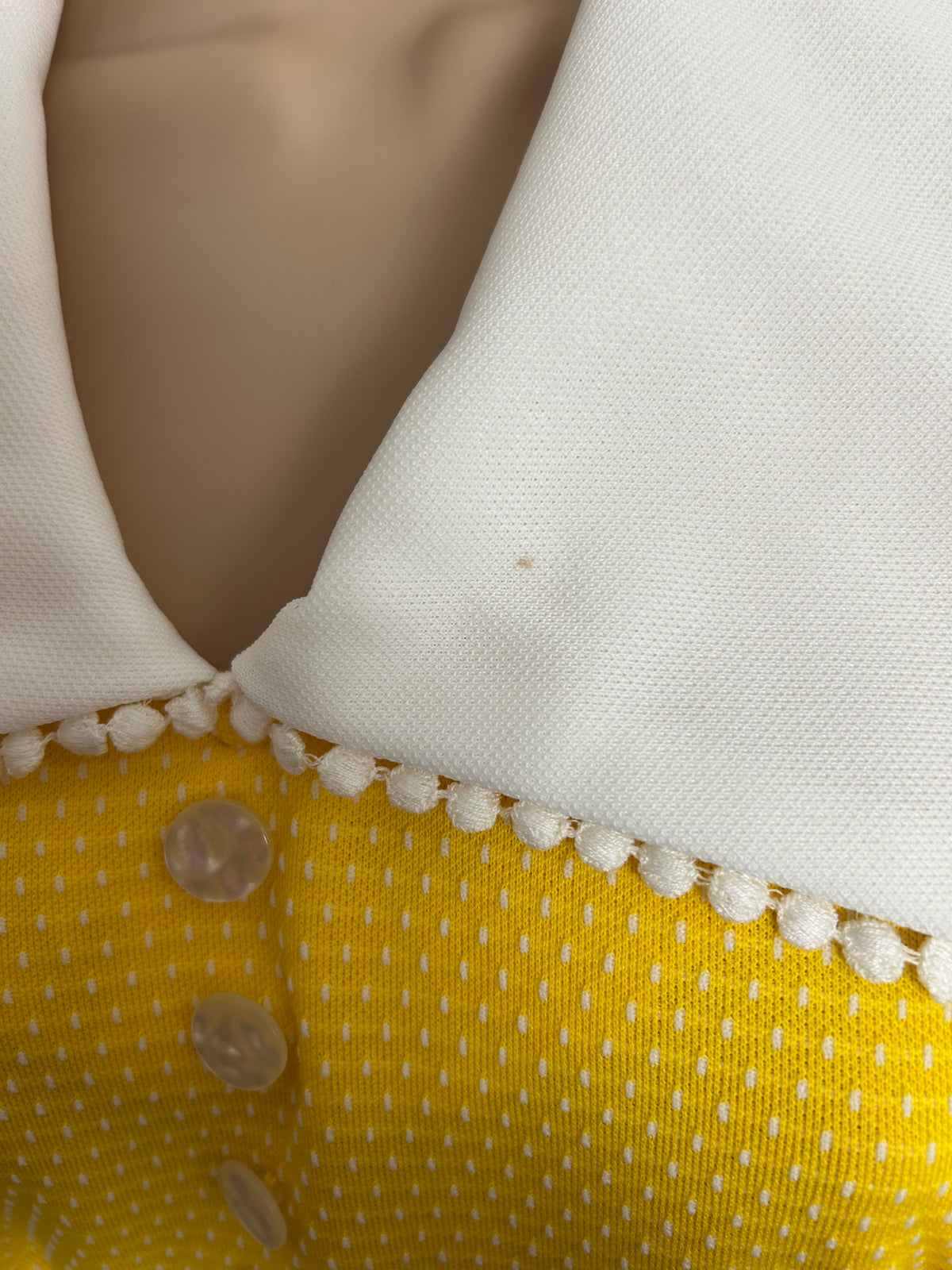 Vintage 197s UK Size 8-10 Canary Yellow & White Polka Dot Spotty Wide Collared Maxi Dress