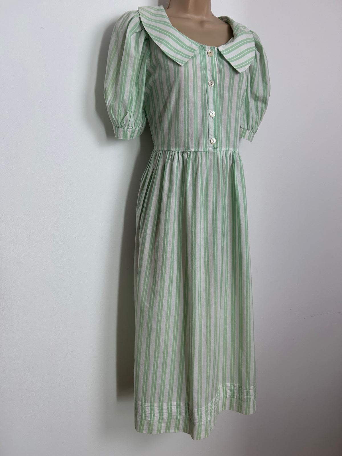 Vintage 1980s Size 12 LAURA ASHLEY Pale Green & White Stripe Print Cotton Day Dress