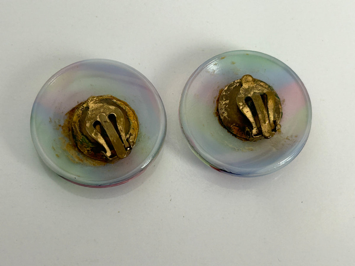 Vintage 1960s Large Round Multicolour Glass Clip On Earrings