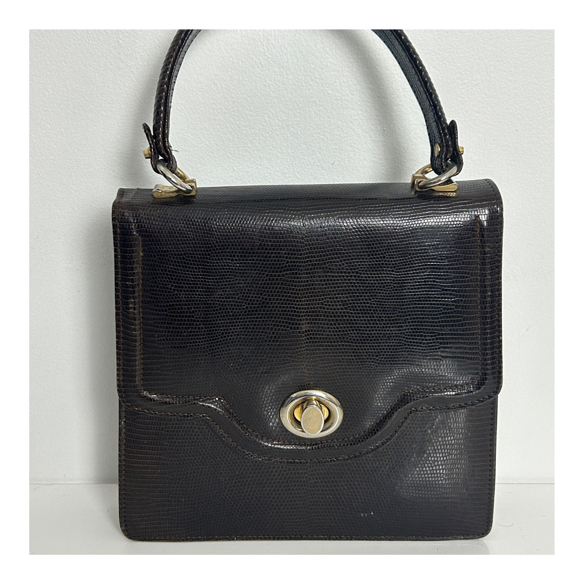 Vintage 1960s Dark Brown Leather Grab Handle Kelly Style Handbag