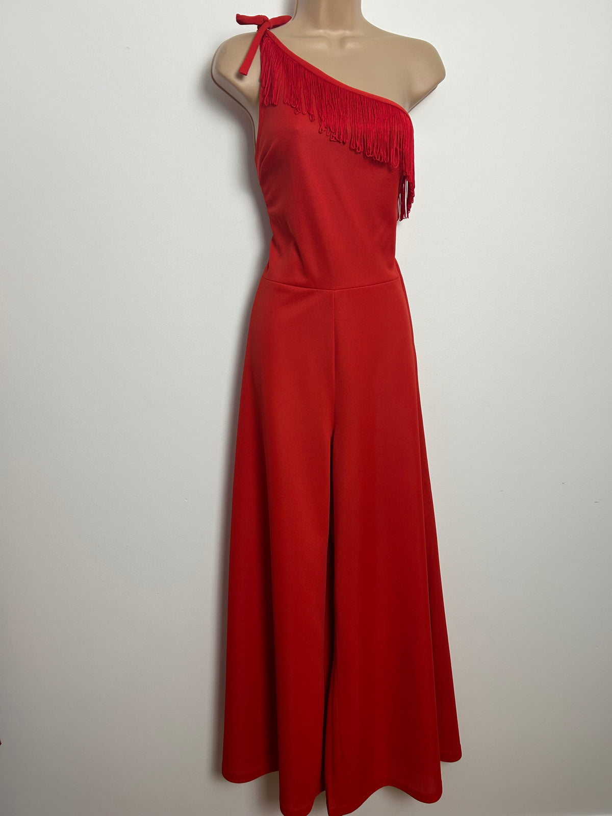 Vintage 1970s Size 8 Fabulous Red One Shoulder Fringe Tassel Wide Leg Occasion Jumpsuit