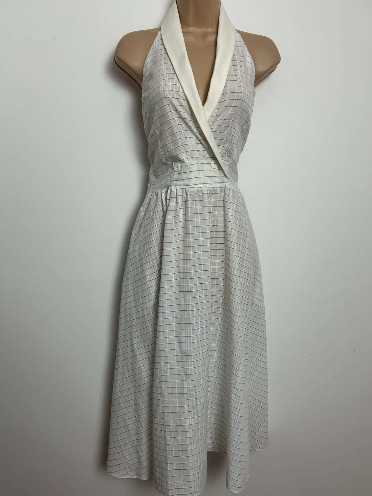 Vintage 1980s Size 8-10 White & Blue Stripe Halterneck Cotton Mix Summer Midi Dress