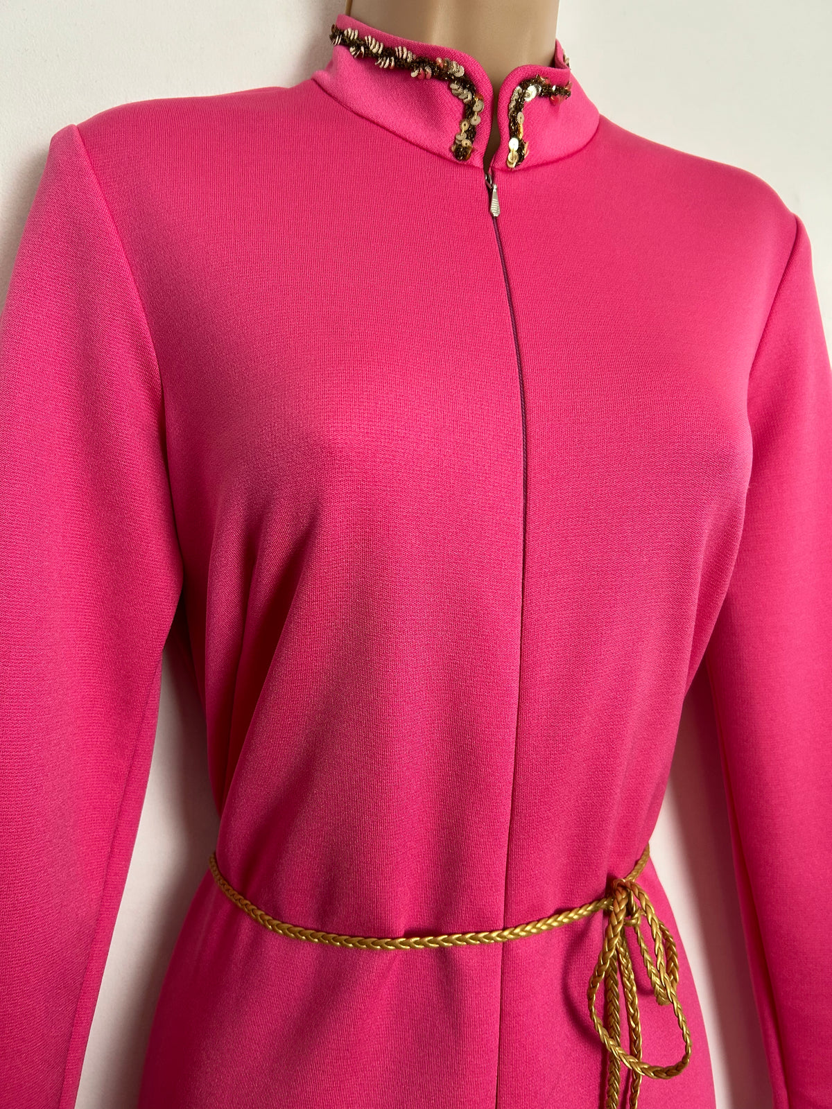 Vintage 1970s PAUL NICHOLAS UK Size 10 Candy Pink Long Sleeve Wide Leg Flared Jumpsuit