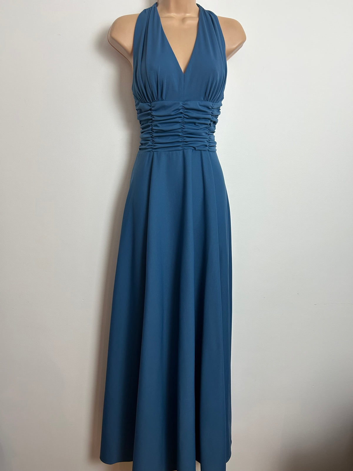 Vintage 1970s Size 6 Dusky Blue Strappy Cage Back Evening Occasion Maxi Dress