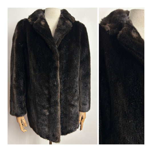 Vintage C&A UK Size 12-14 Chocolate Brown Soft Faux Fur Coat