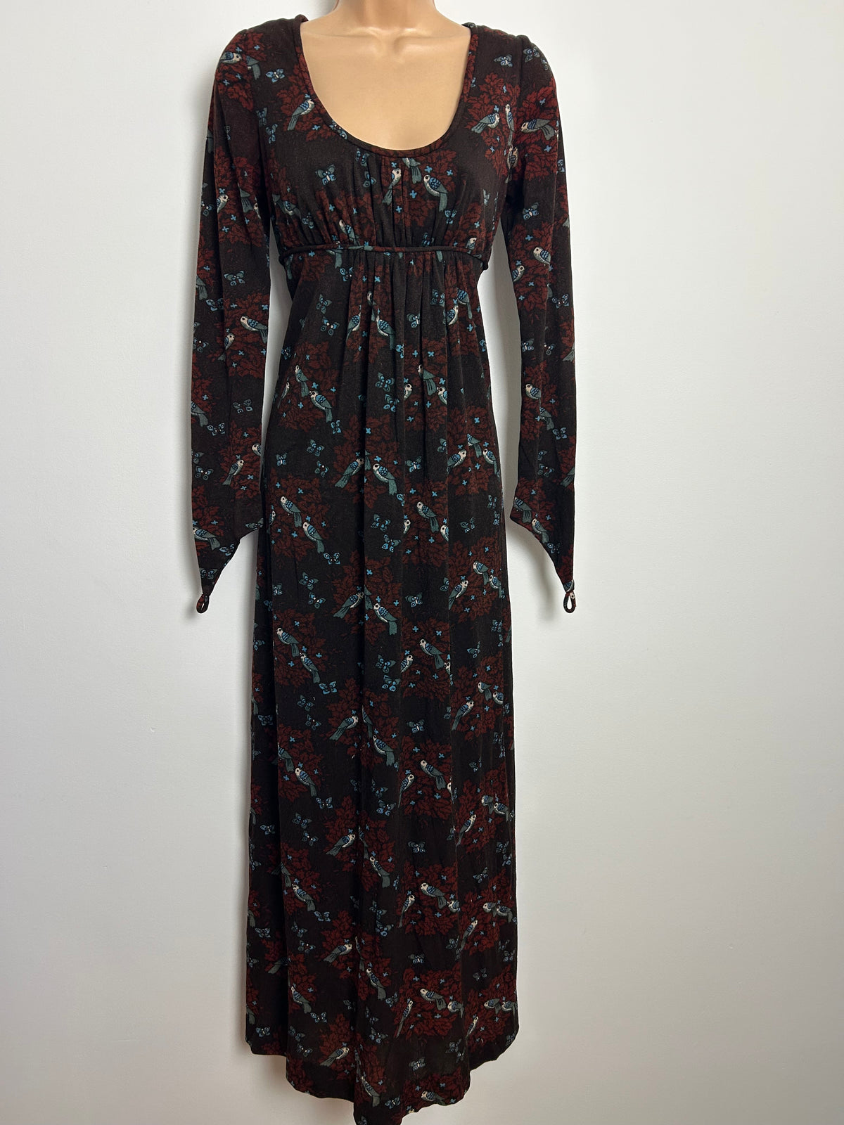 Vintage 1970s ST ANDRE Size 10 Brown Tones Bird & Butterfly Novelty Print Long Sleeve Maxi Dress With Finger Loops