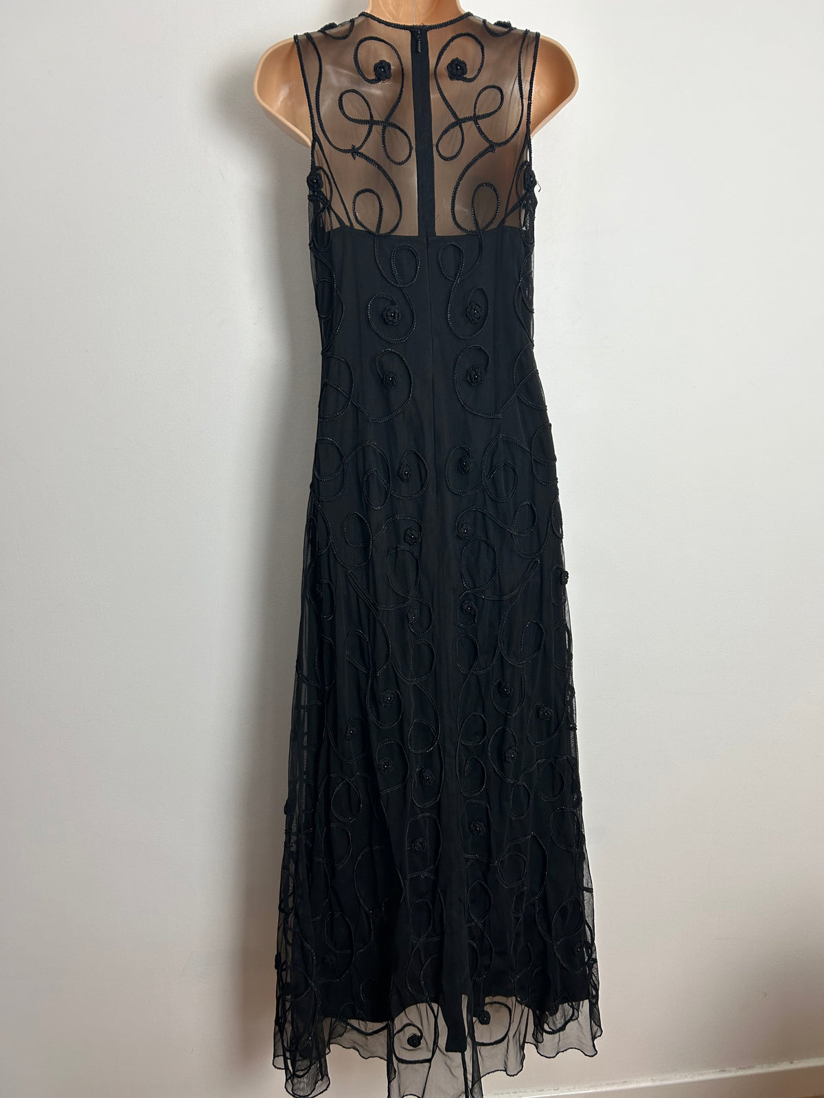 Vintage 1980s NIENTIE UK Size 8-10 Black Illusion Neck Fine Mesh Braid Trim Sleeveless Occasion Evening Maxi Dress