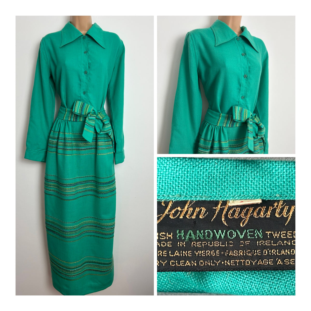 Vintage Late 1960s RARE JOHN HAGARTY Size 10/12 Jade Green Handwoven Irish Tweed Pure New Wool Maxi Dress