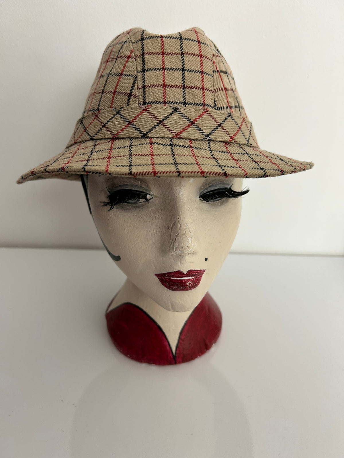 Vintage DANNIMAC Beige Red & Black Check Wool Mix Trilby Style Hat