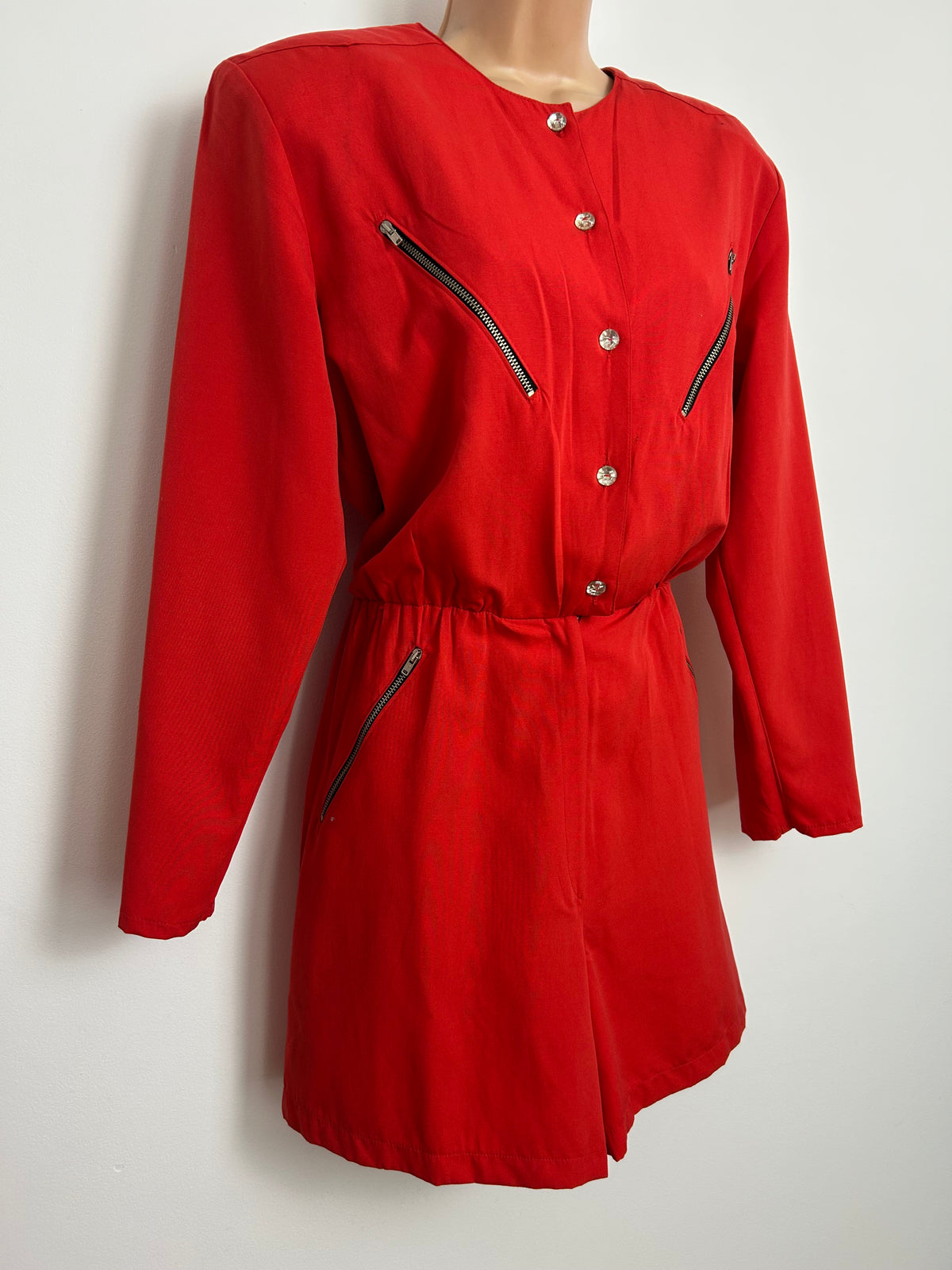 Vintage Early 1990s BELLA MINELLI Size 12-14 Red Zip Detail Long Sleeve City Shorts Playsuit