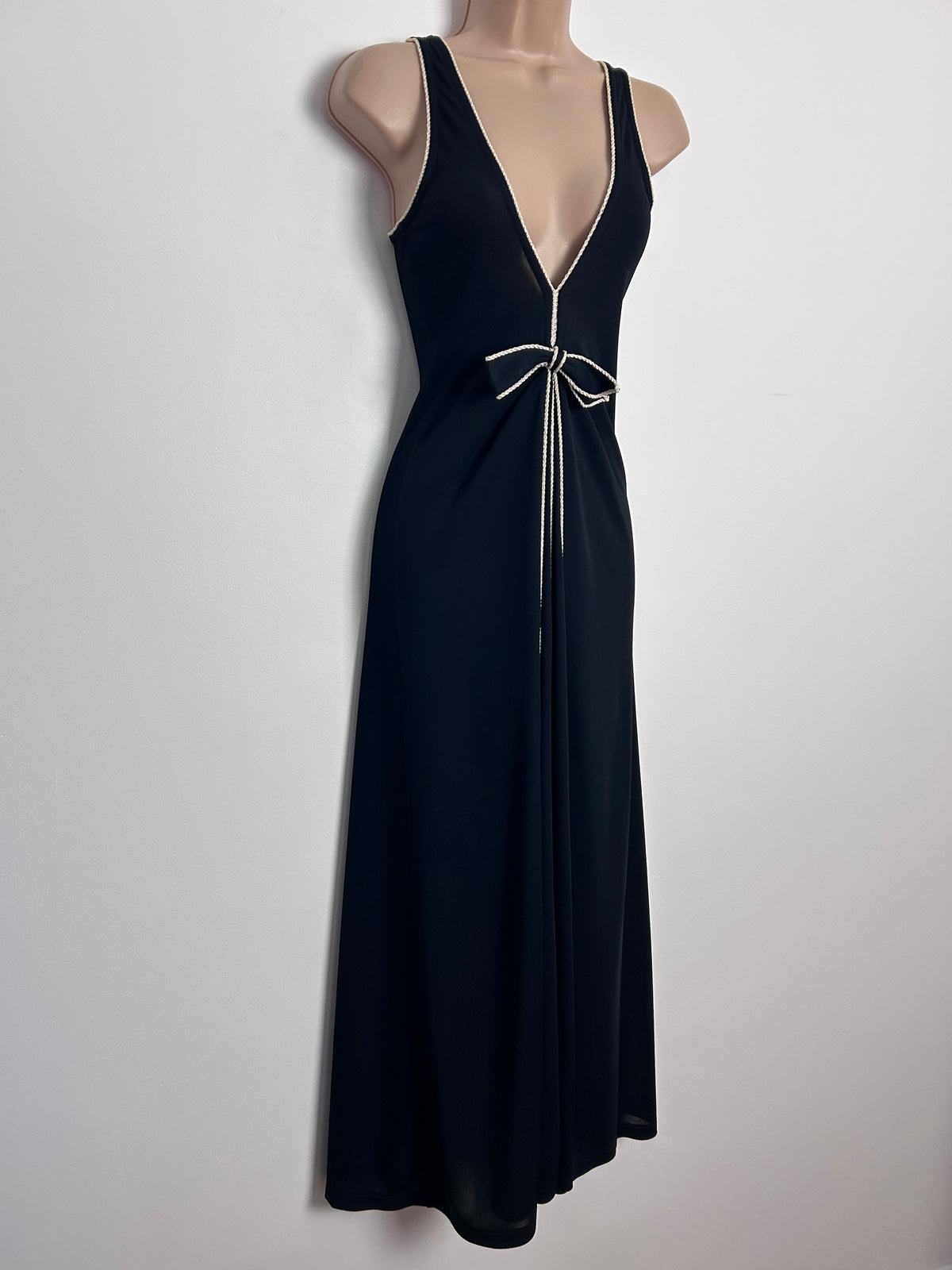 Vintage 1970s UK Size 8 Black Twist Braid Trim Plunge Neck Bow Detail Sleeveless Occasion Maxi Dress
