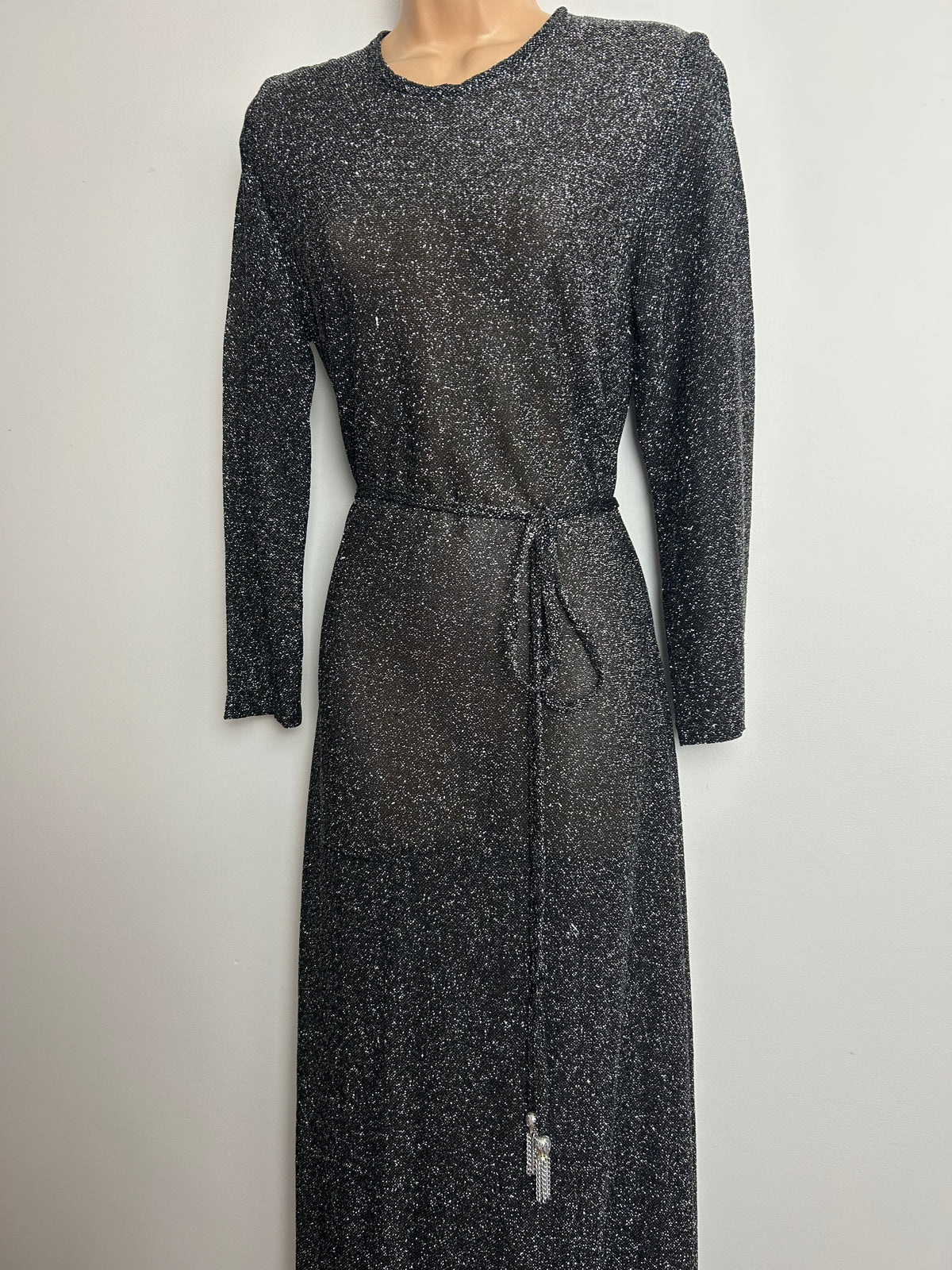 Vintage 1970s SIMON ELLIS Size 10 Black & Silver Lurex Long Sleeve Belted Evening Maxi Dress