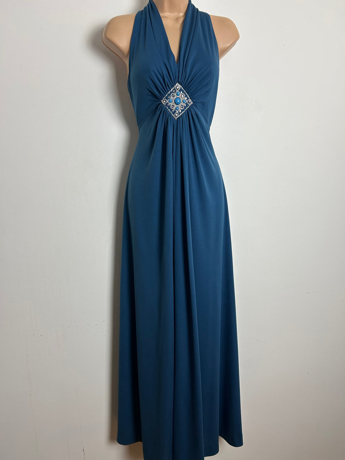 Vintage 1970s Size 8  Dusky Blue Braid Diamante & Bead Applique Detail Evening Maxi Dress