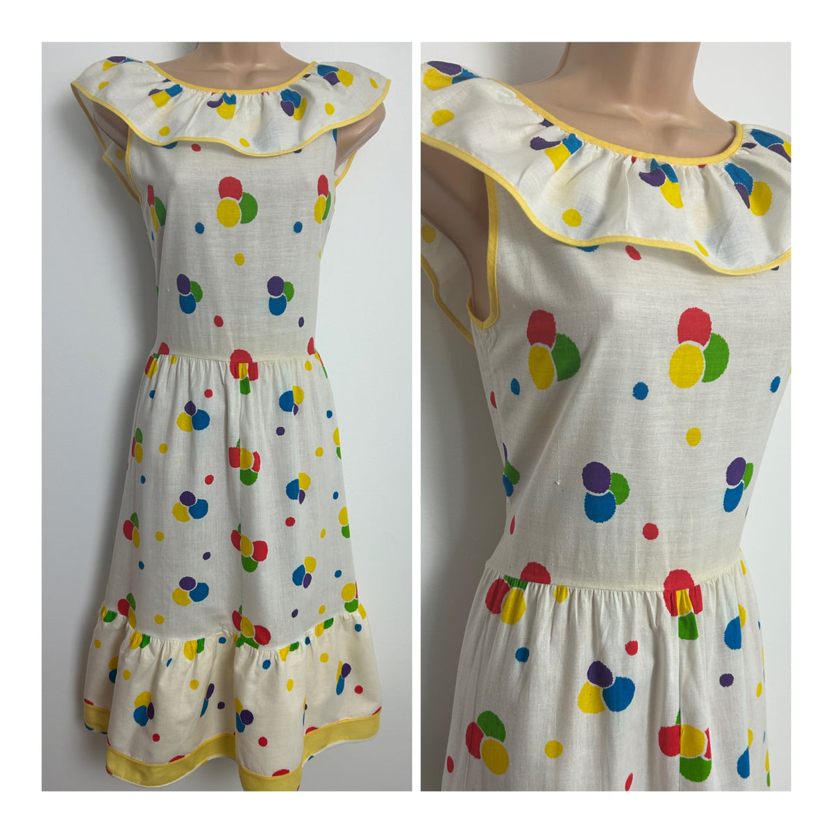Vintage Early 1980s Size 6-8 White Yellow Pink Green & Blue Spotty Print Cotton Summer Day Dress