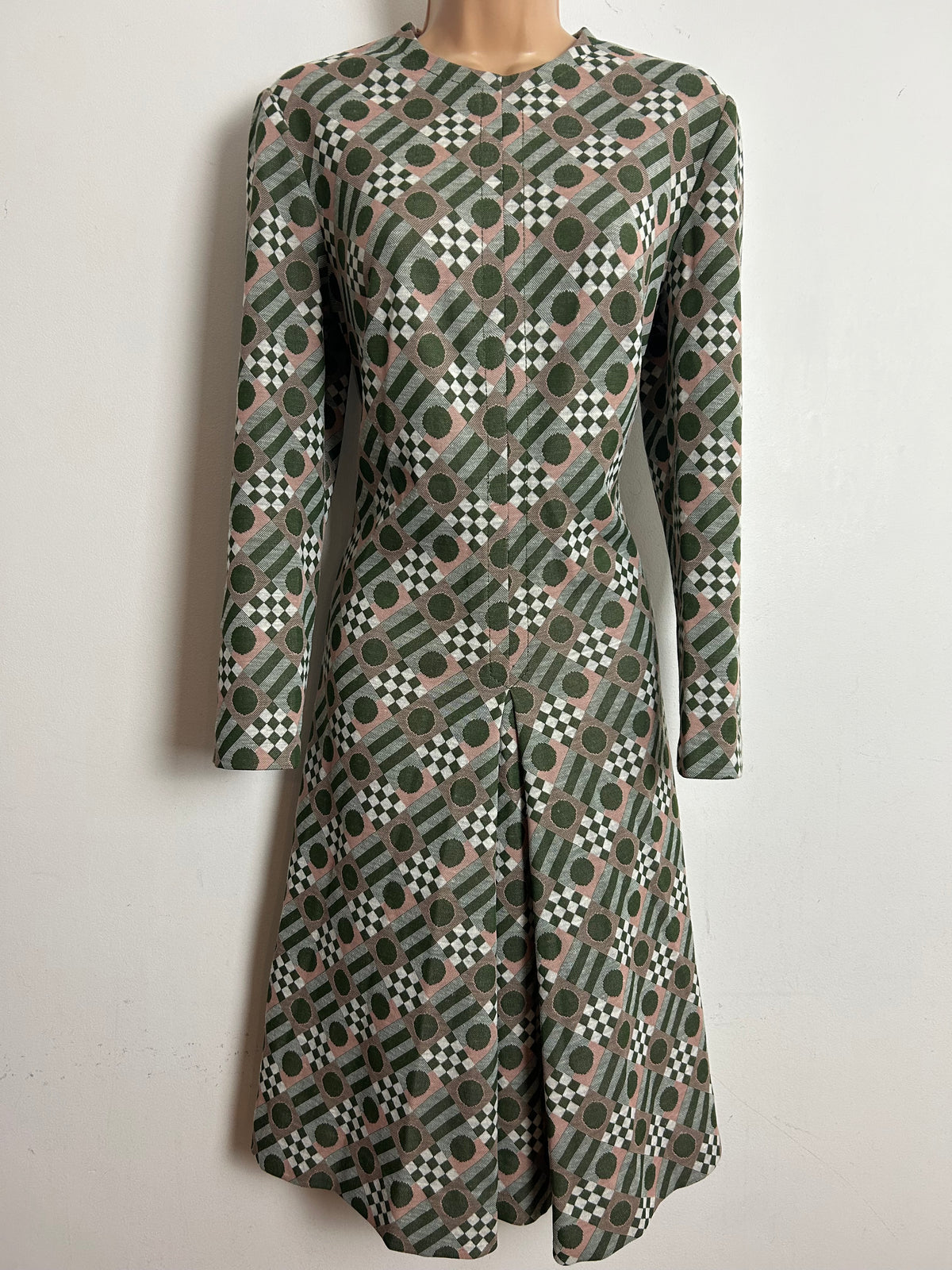 Vintage 1960s DUCHESSE ANNE Size 14-16 Green &  Pink Check & Circle Print Mod Shift Dress