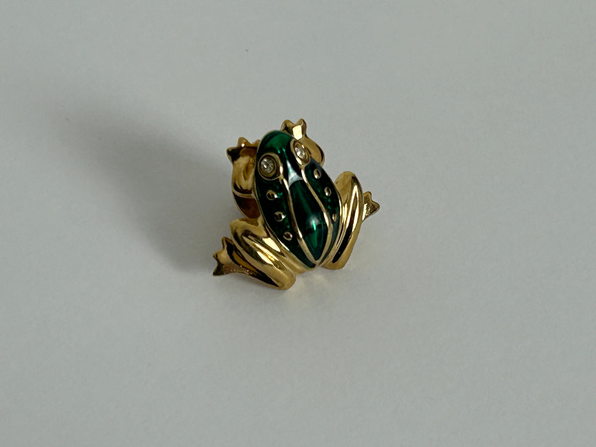 Vintage Gold Tone & Green Enamel Miniature Frog Pin Brooch