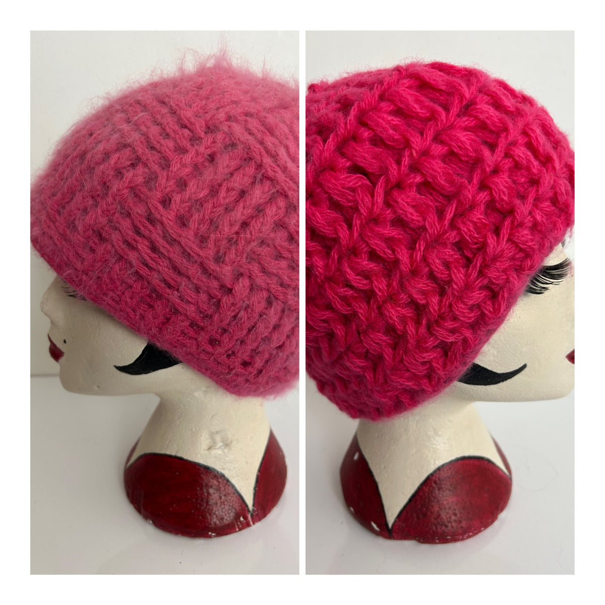 Vintage Pink Wool & Angora Mix Chunky Knit Reversible Beanie Hat