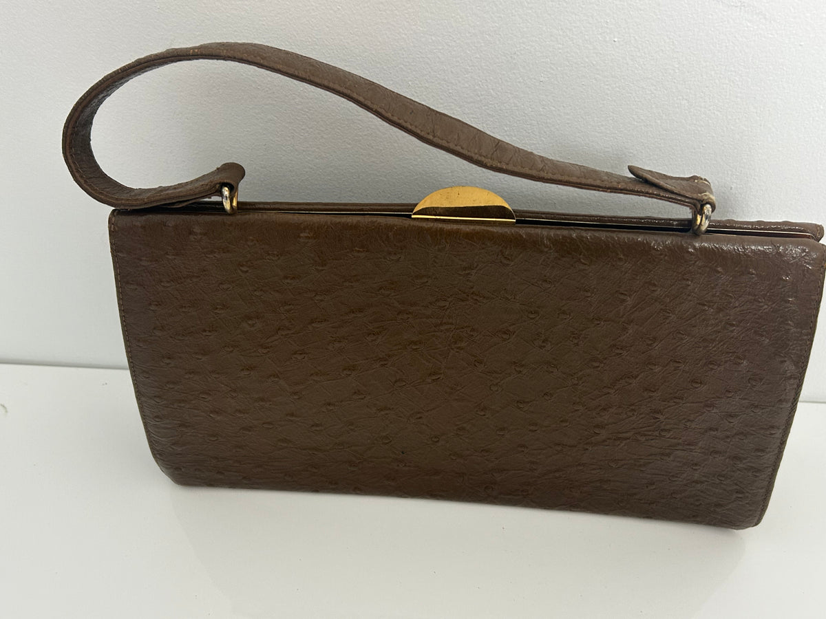 Vintage 1960s Large Brown Leather Ostrich Embossed Kelly Style Handbag