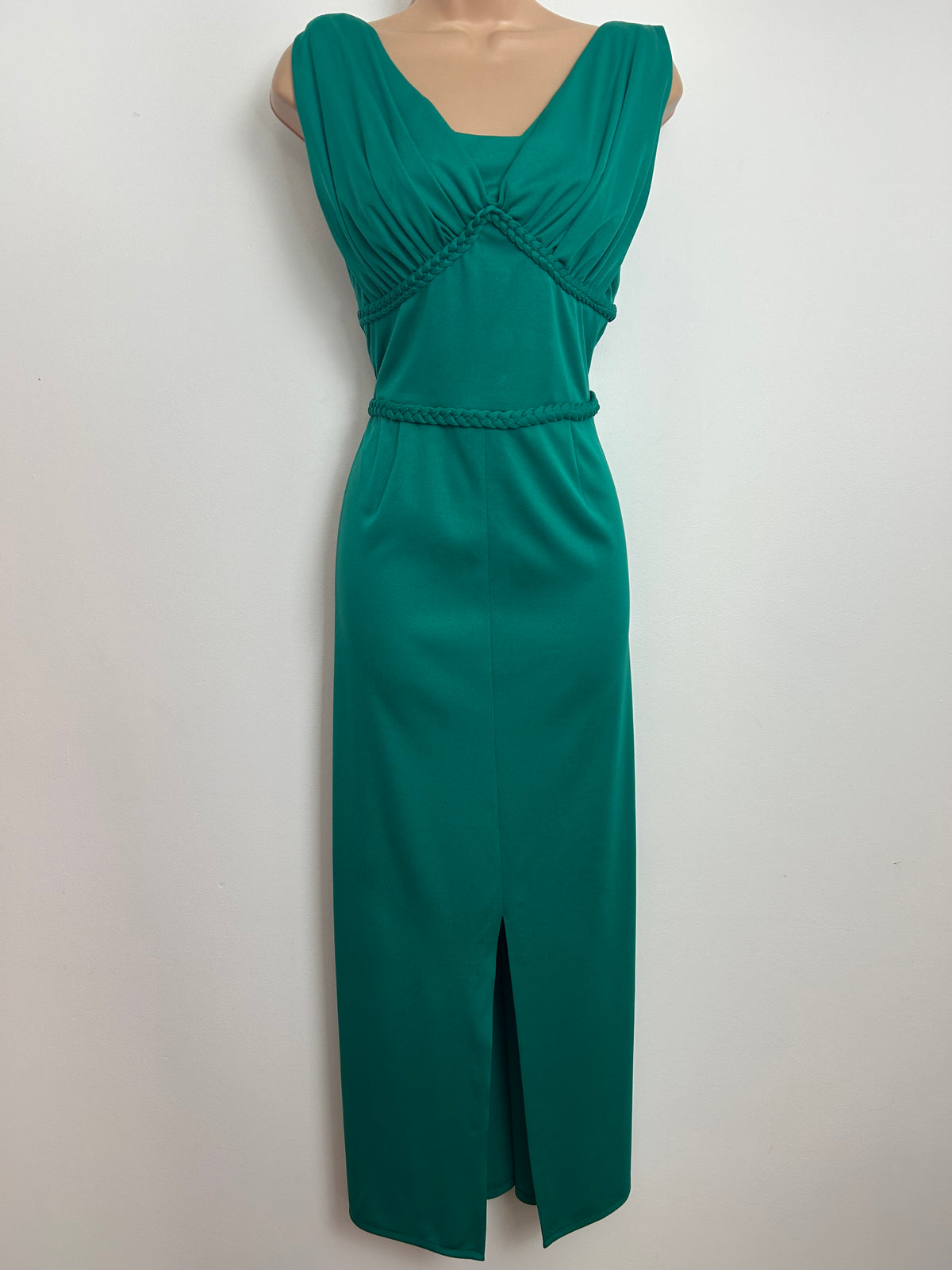Vintage 1970s Size 10-12 Jade Green Plaited Trim Detail Occasion Midi Dress