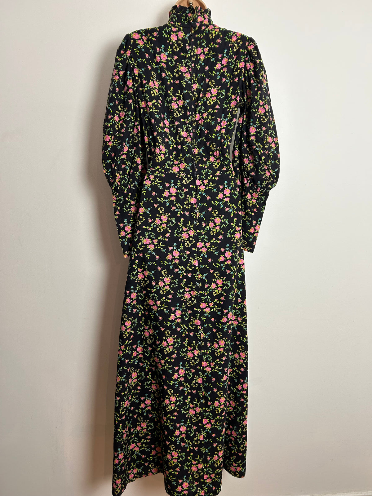 Vintage 1970s UK 10 Black Pink & Green Floral Print Ruffle Trim Long Sleeve Cotton Prairie Maxi Dress